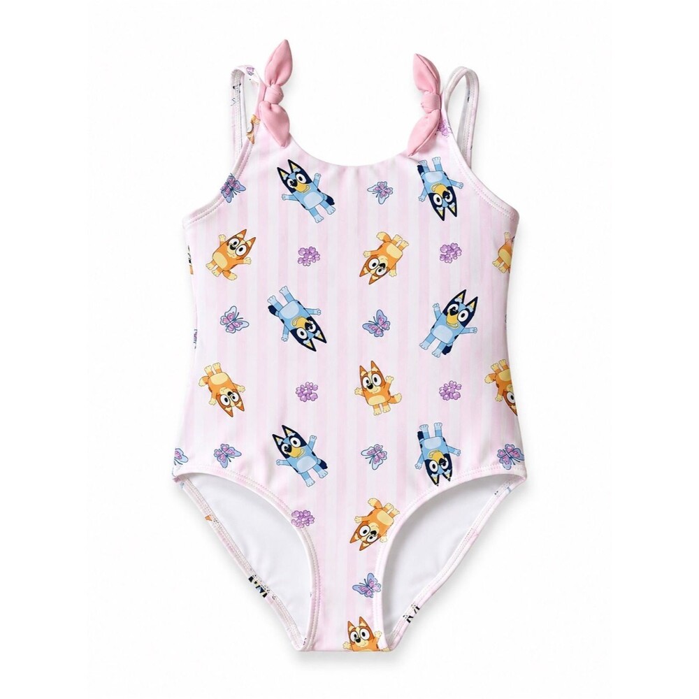 Bluey & Bingo Girls One Piece Swimsuit Pink Print Size XS Bow Strap Summer
